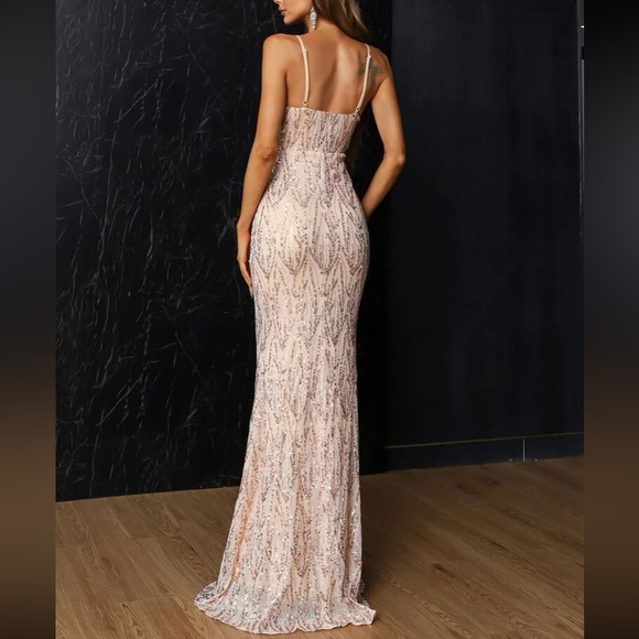 Luxe mesh insert mermaid hem sequins party formal prom gown dress champagne - Picture 3 of 8